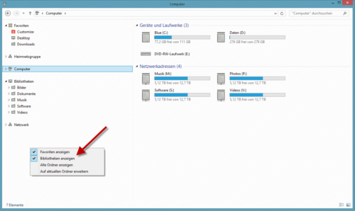 Bibliotheken anzeigen im Windows 8.1 Explorer