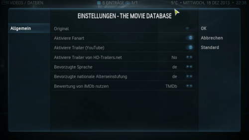 Einstellungen - The Movie Database Scraper
