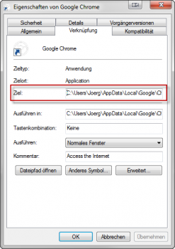 Chrome Verknüpfung - Ziel