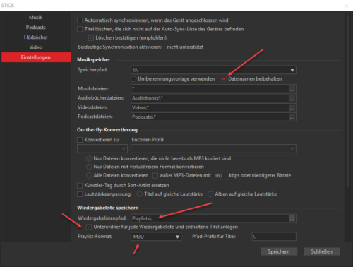 MusicBee-Synchronisationseinstellungen