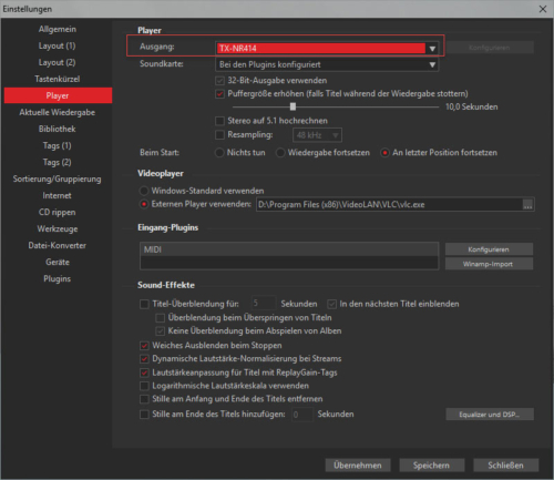 MusicBee-UPnP-Ausgabe