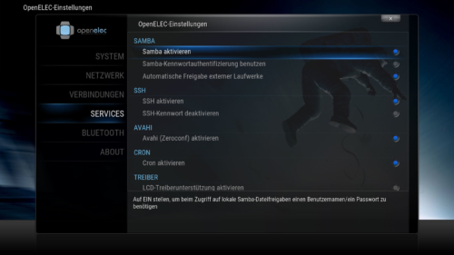 OpenElec Einstellungsmenue - Samba aktivieren