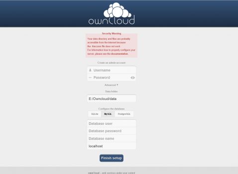 Owncloud Installation Benutzer und MySQL Settings