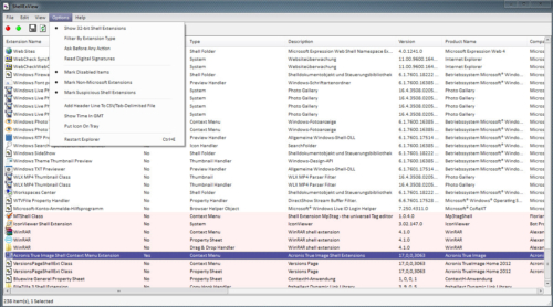 ShellExView Optionen und Ansicht